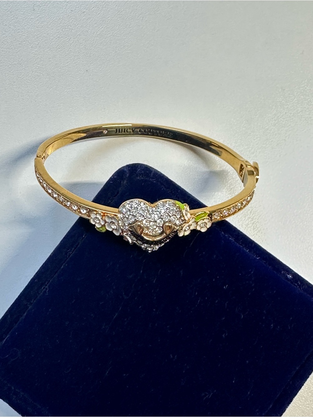 Juicy Couture Gold Plated Pave Heart & Floral Crystal Bangle